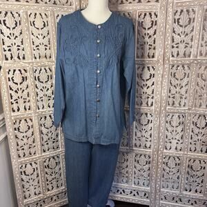 Vintage Denim Outfit 2 Piece Set LS Embroidered floral Top & Pants Blue Sz MED